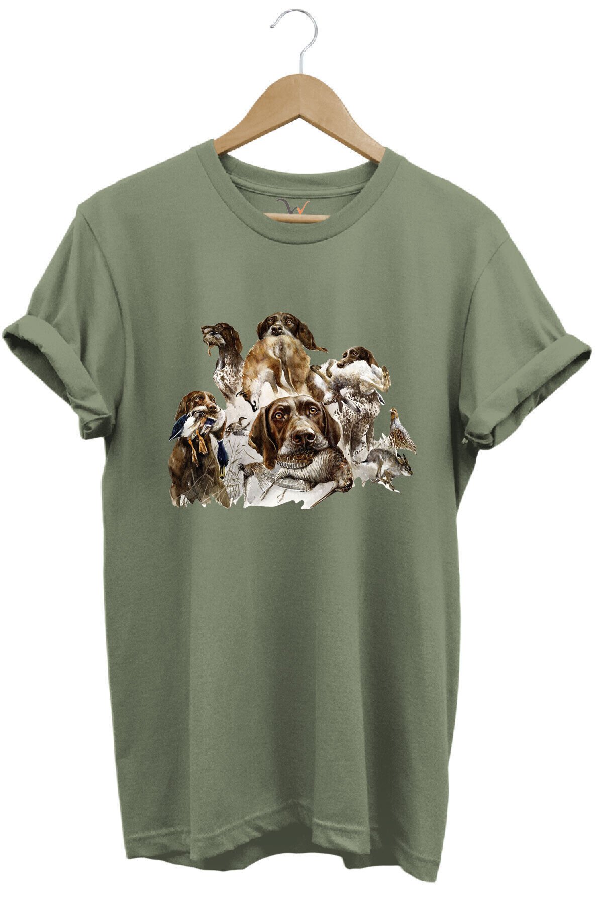 Av Köpekleri ve Kuş Temalı %100 Pamuk Unisex Regular Fit T-Shirt Haki - M