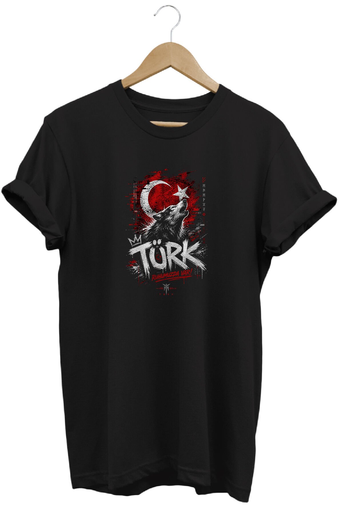 Türk Bozkurt ve Ay Yıldız Baskılı Sokak Stili Özel Tasarım Tişört Siyah - L