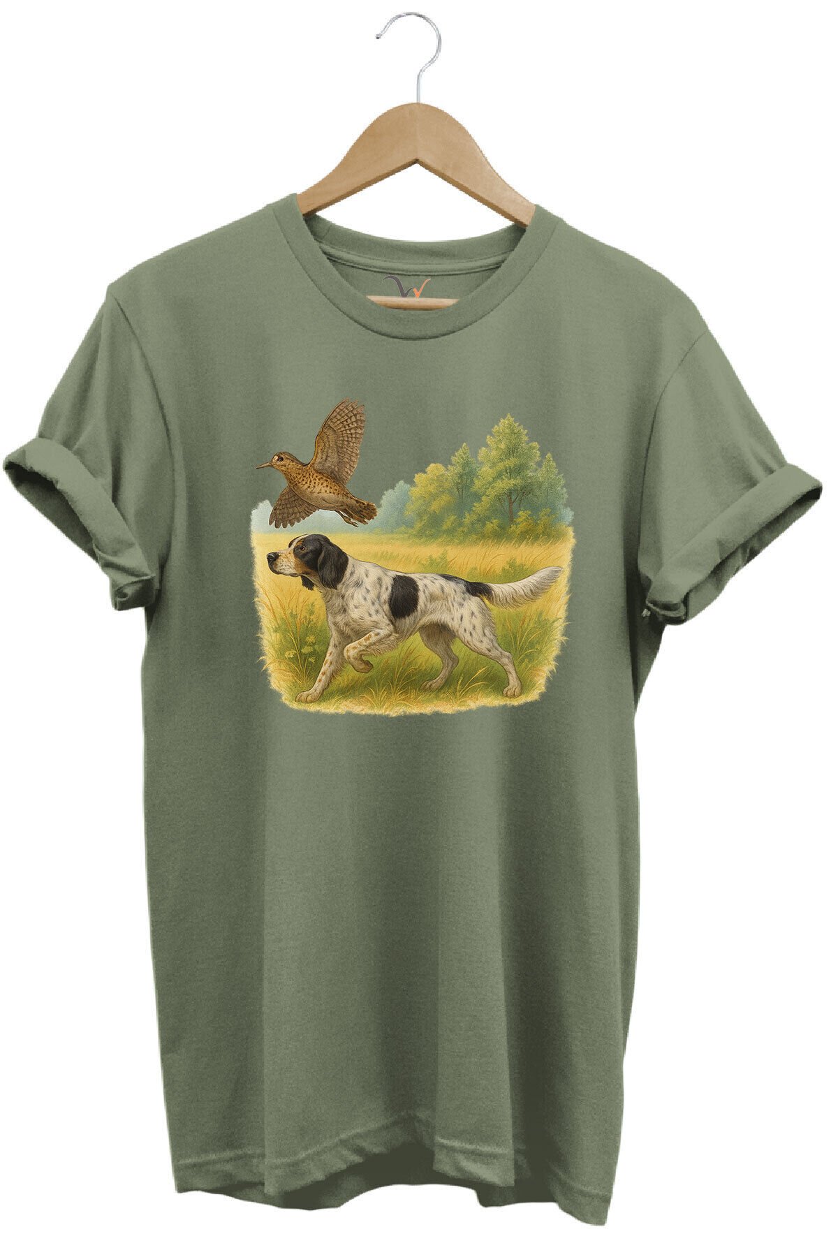 Hunting Avcılık Vahşi Yaşam Avcı Köpeği ve Çulluk Kuşu Baskılı %100 Pamuk Regular Fit T-Shirt Haki - XL