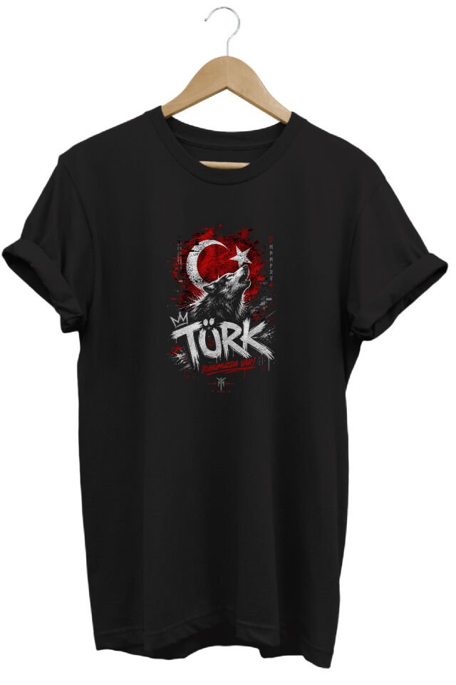 Türk Bozkurt ve Ay Yıldız Baskılı Sokak Stili Özel Tasarım Tişört Siyah - XL