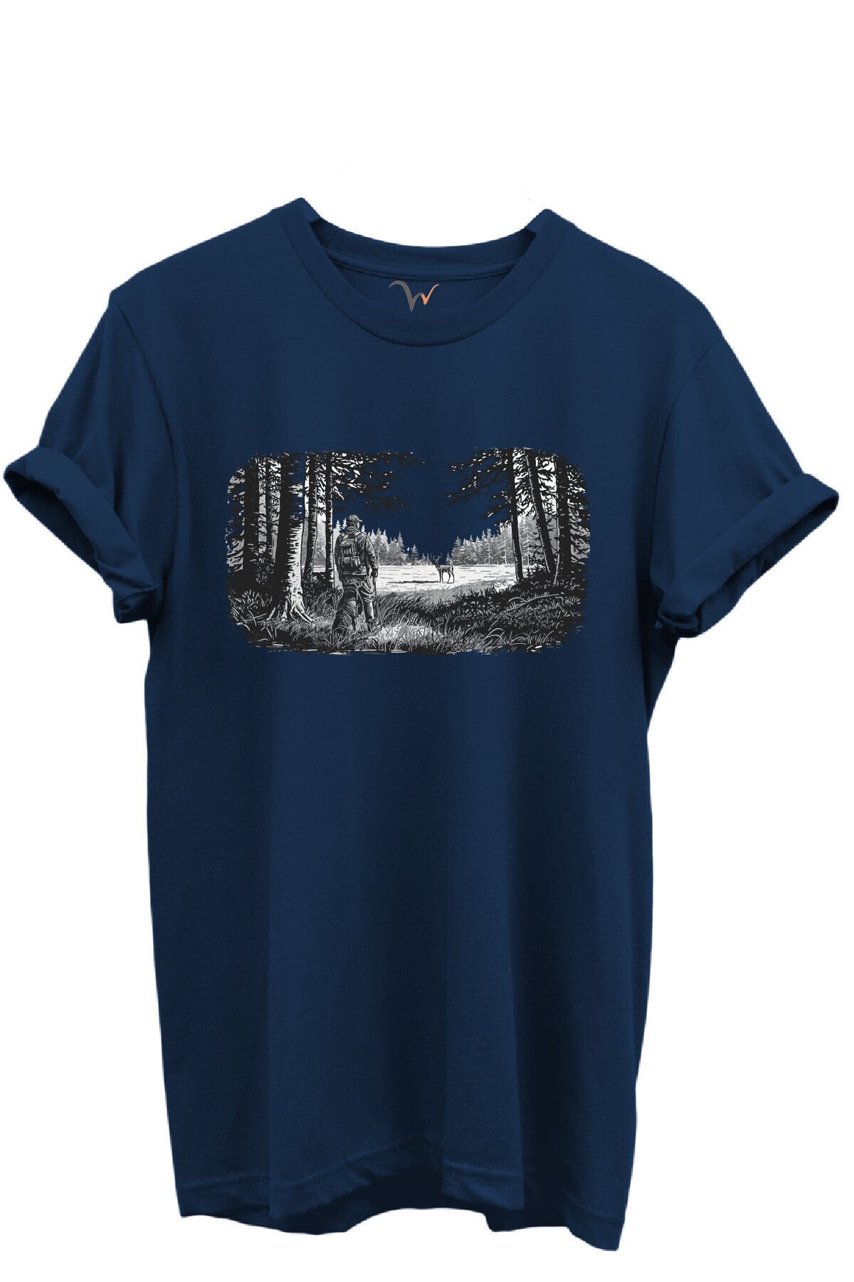 Avcı ve Geyik Orman Manzarası Çizim Baskılı %100 Pamuk Regular Fit Bisiklet Yaka Unisex T-shirt Lacivert - L
