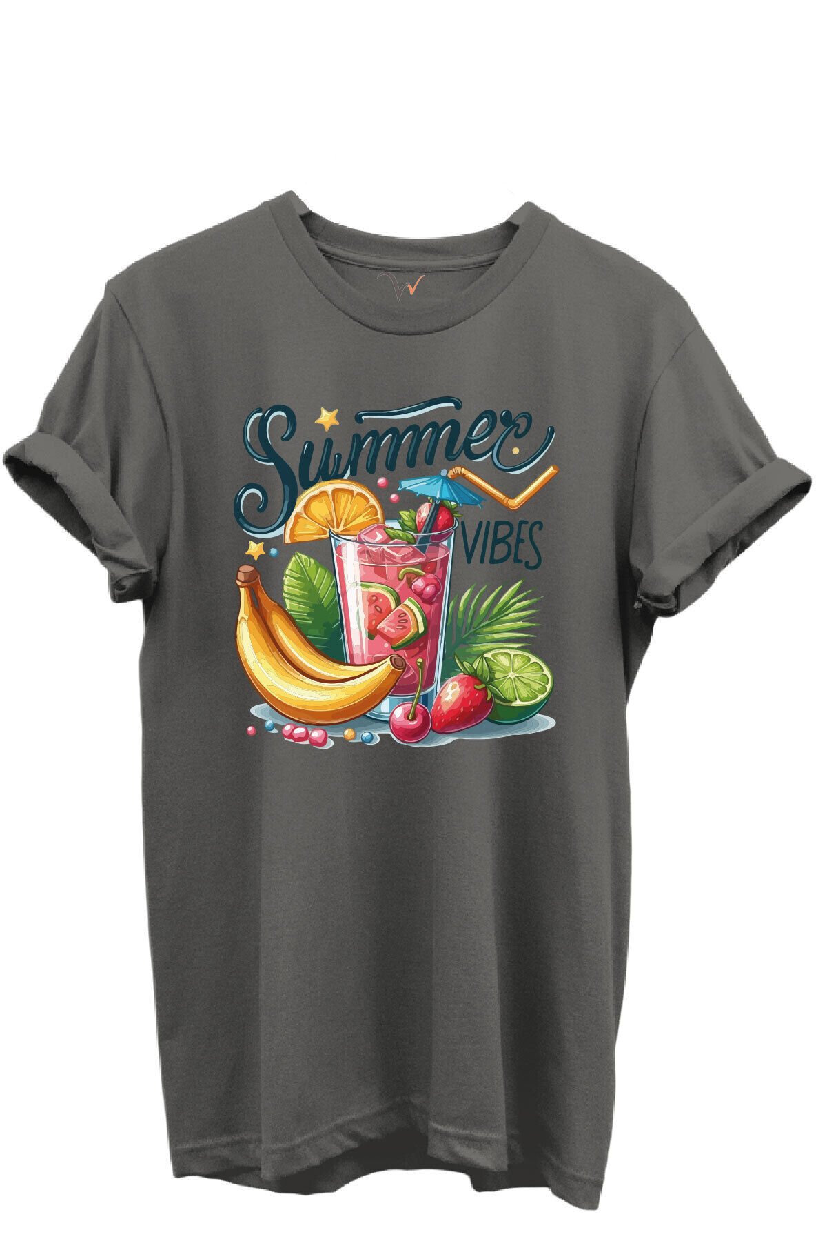 Summer Vibes Yazılı Meyve Kokteyli ve Tropik Desenli %100 Pamuk Regular Fit Unisex T-Shirt Gri - S