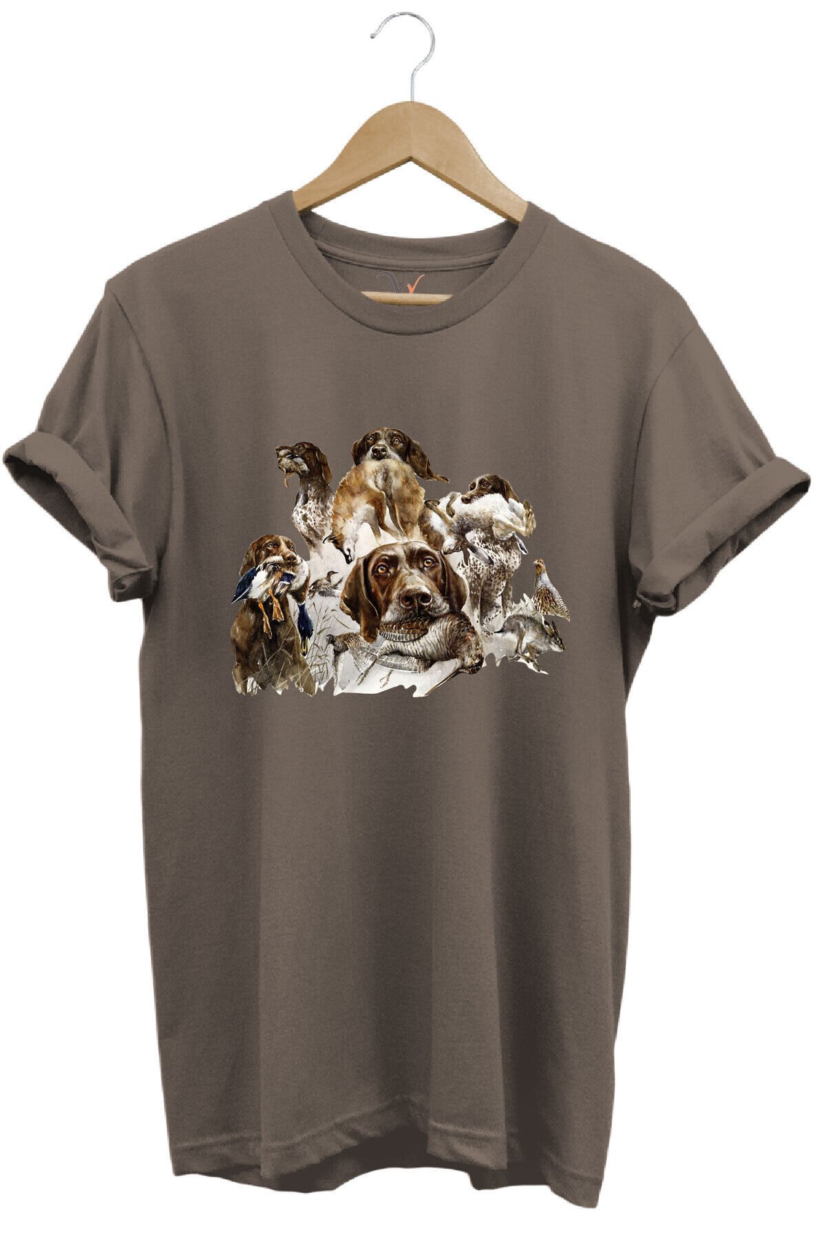 Av Köpekleri ve Kuş Temalı %100 Pamuk Unisex Regular Fit T-Shirt Kahverengi - XL