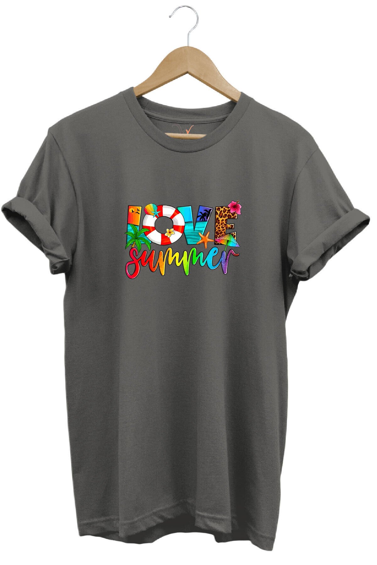 Yaz Love Summer Yazı Baskılı Deniz Sahil Kumsal Desenli %100 Pamuk Regular Fit Bisiklet Yaka T-Shirt Gri - XL
