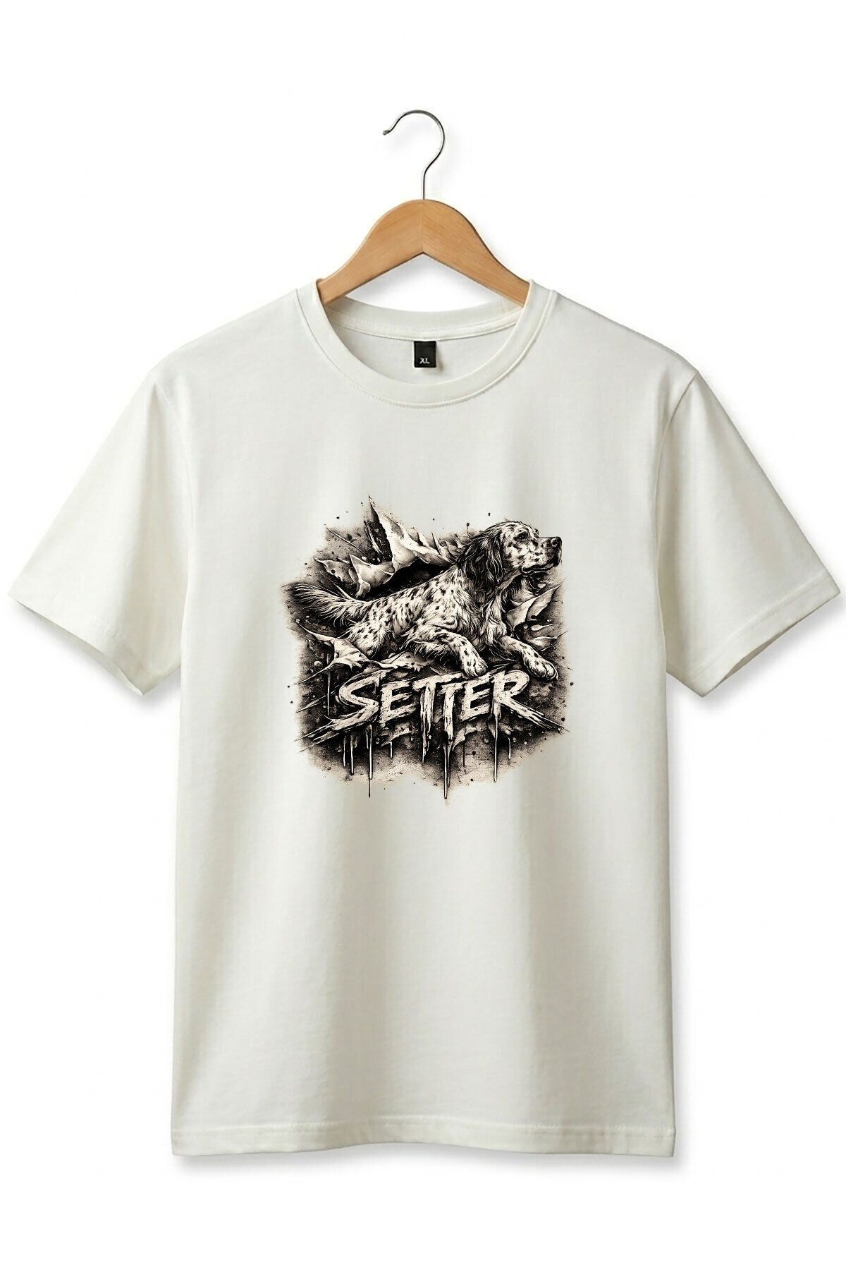 Unisex English Setter Köpek Baskılı Özel Tasarım Hunting Doğa %100 Pamuk Basic T-Shirt Ekru - XL