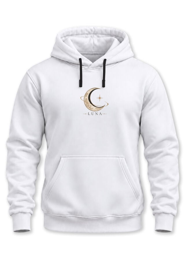 Unisex Minimal Luna Ay Baskılı Kapüşonlu Sweatshirt Hilal Desenli Hoodie