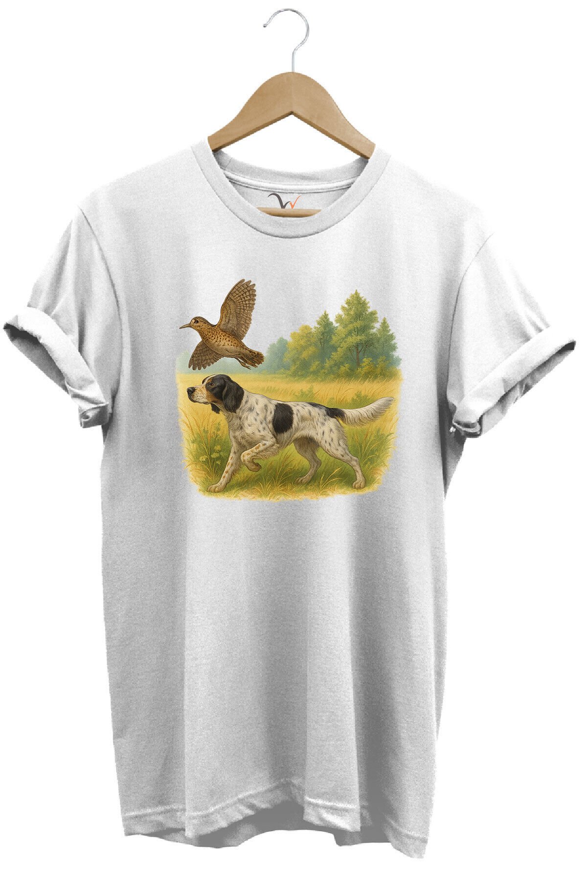Hunting Avcılık Vahşi Yaşam Avcı Köpeği ve Çulluk Kuşu Baskılı %100 Pamuk Regular Fit T-Shirt Beyaz - L