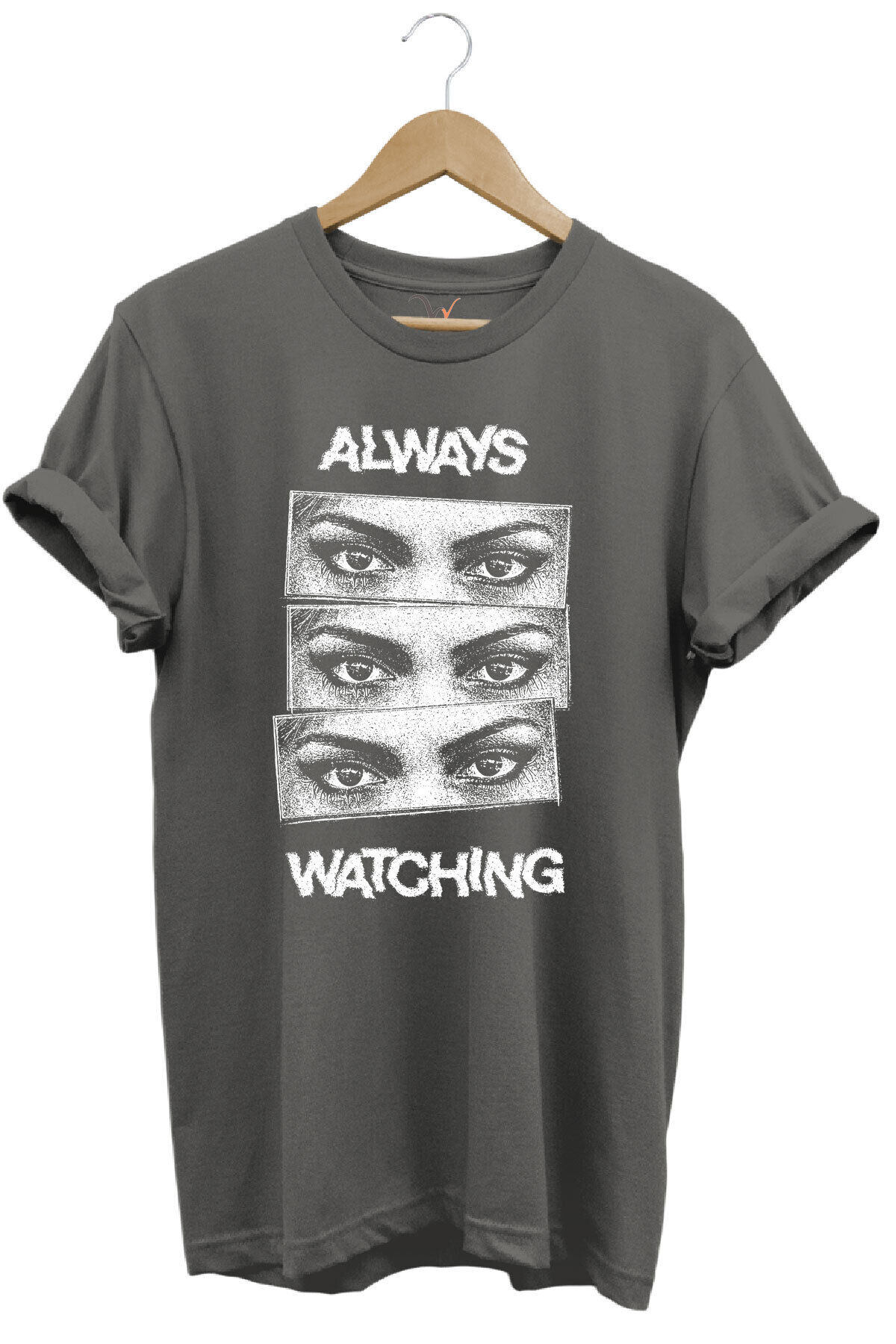 Unisex Streetwear Always Watching Baskılı Şık Tasarımlı %100 Pamuk Bisiklet Yaka Siyah T-shirt Gri - M