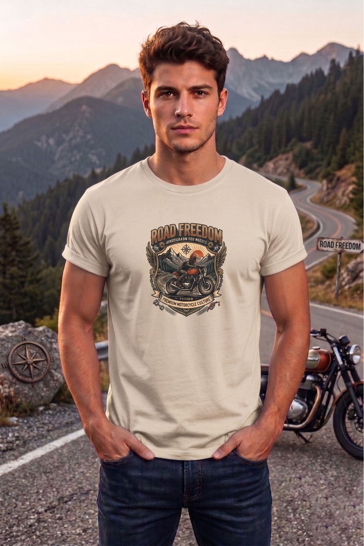Road Freedom Motorsiklet Baskılı Erkek Tişört Vintage Retro Tasarım Bisiklet Yaka Ekru - M