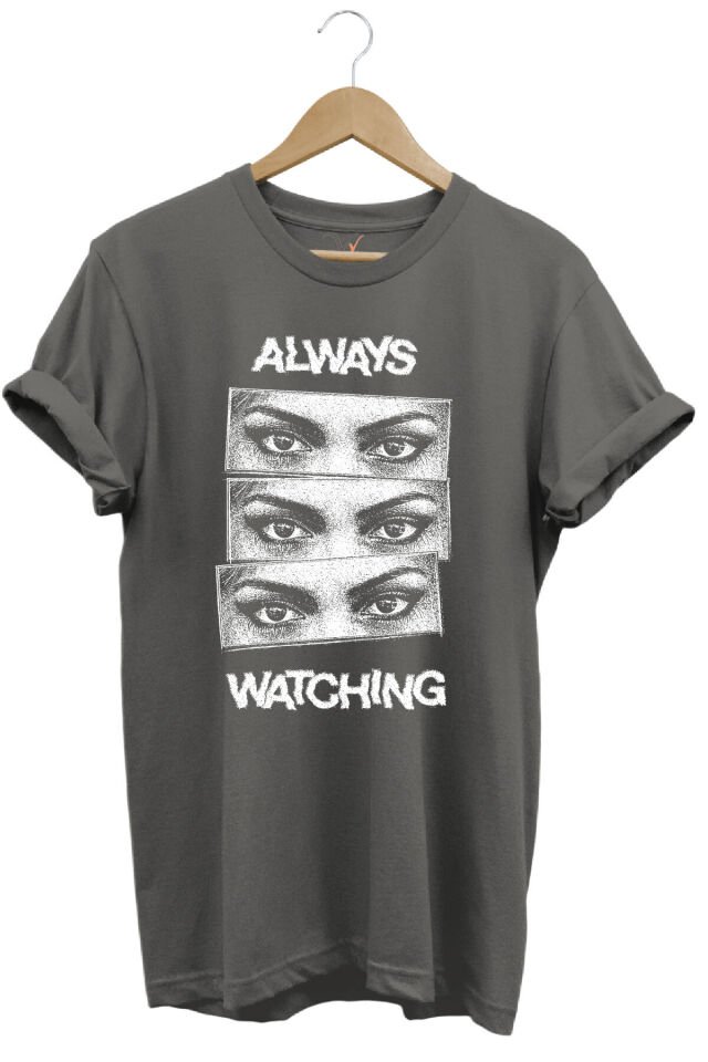 Unisex Streetwear Always Watching Baskılı Şık Tasarımlı %100 Pamuk Bisiklet Yaka Siyah T-shirt Gri - 3XL