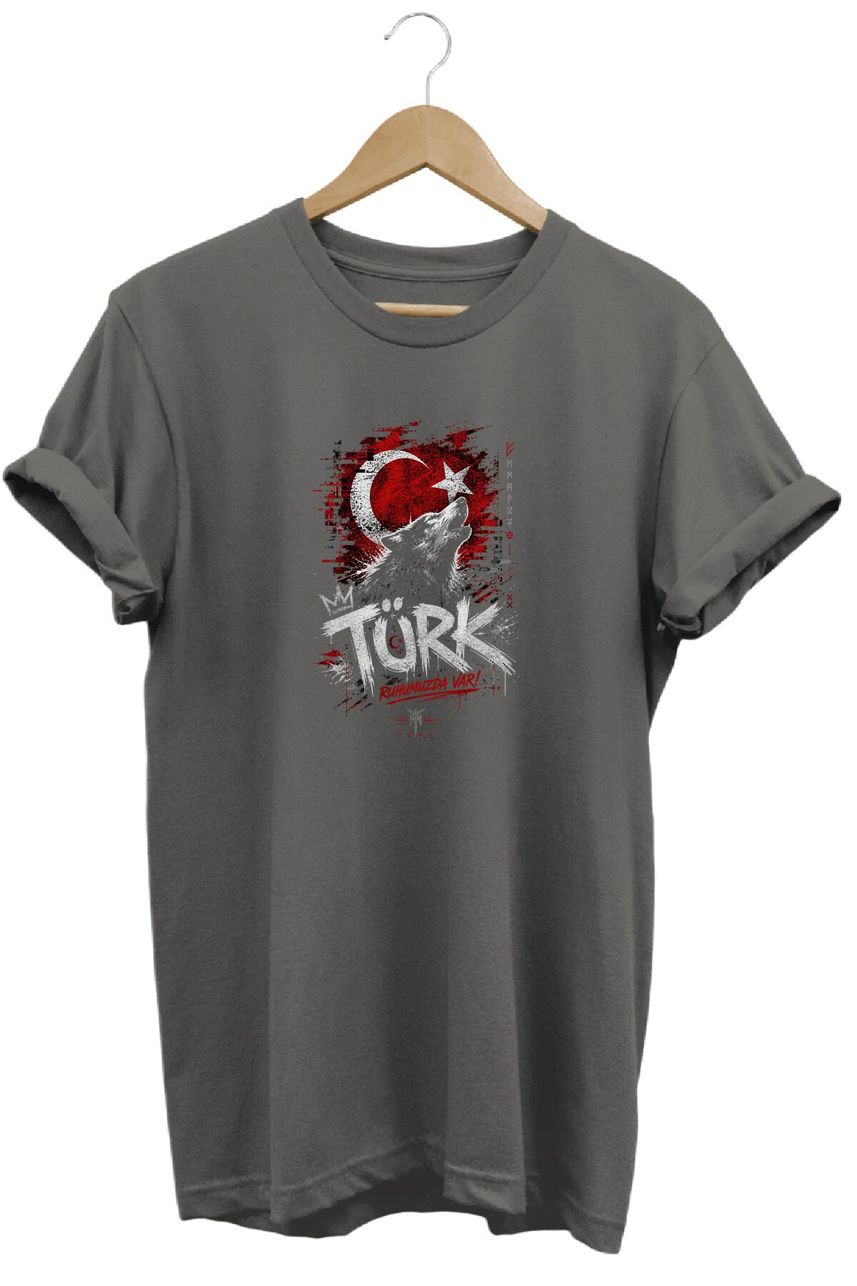 Türk Bozkurt ve Ay Yıldız Baskılı Sokak Stili Özel Tasarım Tişört Antrasit - S