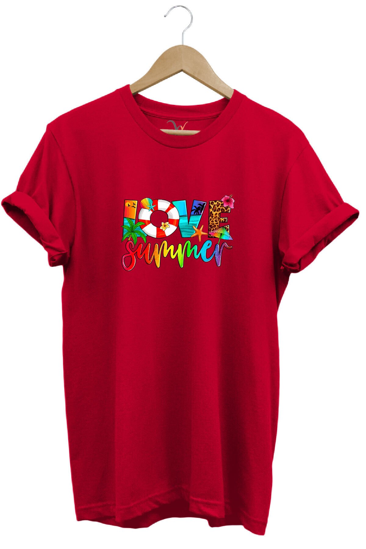 Yaz Love Summer Yazı Baskılı Deniz Sahil Kumsal Desenli %100 Pamuk Regular Fit Bisiklet Yaka T-Shirt Kırmızı - S