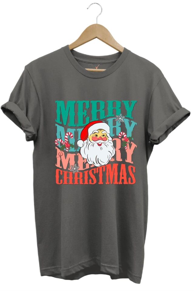 Unisex Yeni Yıl Yılbaşı Noel Baba Merry Christmas Baskılı Şirin Hediye Pamuklu Regular Fit T-Shirt - Antrasit