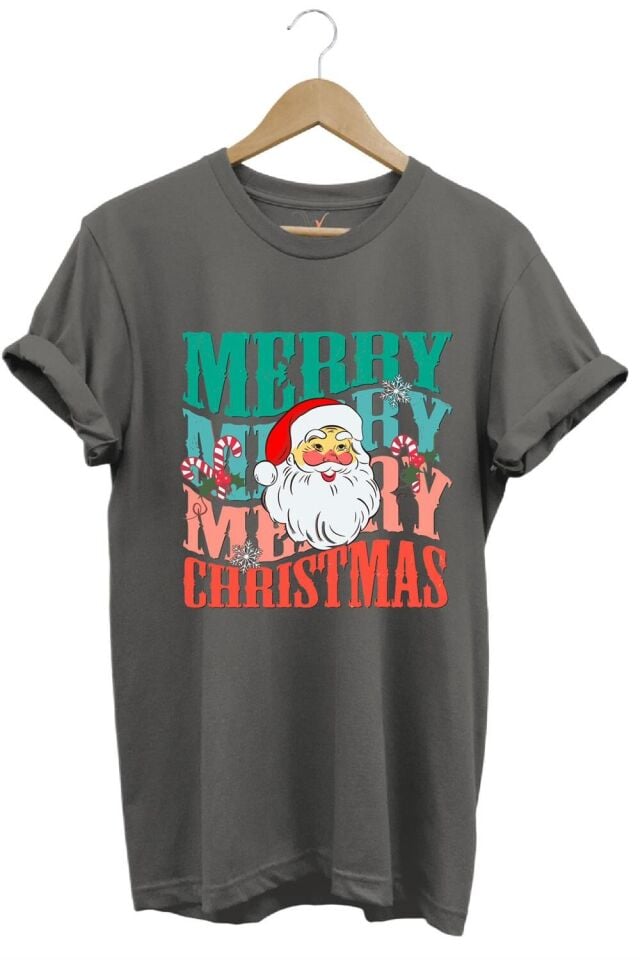 Unisex Yeni Yıl Yılbaşı Noel Baba Merry Christmas Baskılı Şirin Hediye Pamuklu Regular Fit T-Shirt - Antrasit