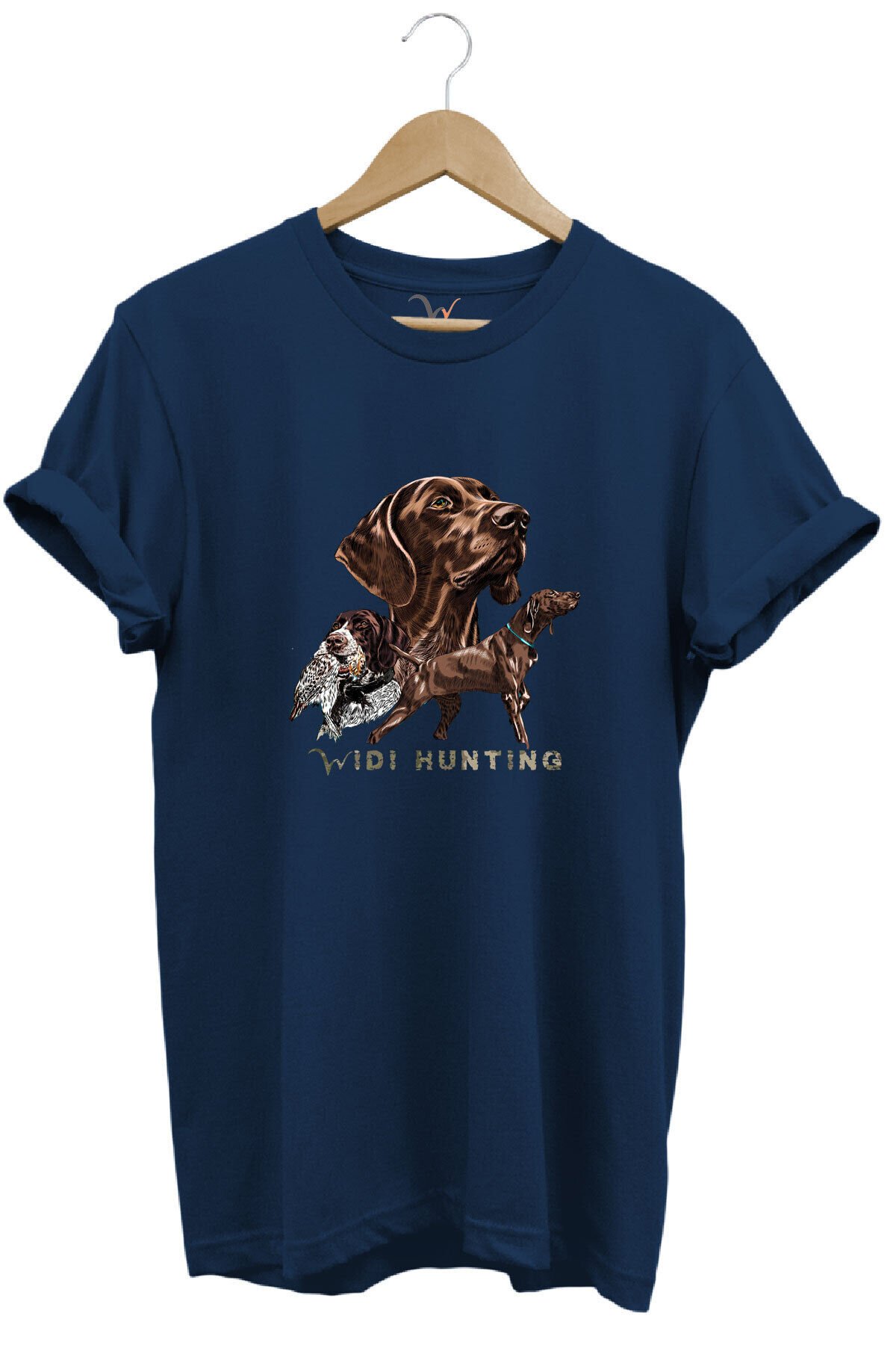Avcılık Hunter Kurzhaar Av Köpeği ve Çulluk Baskılı %100 Pamuk Regular Fit Unisex T-Shirt Lacivert - M