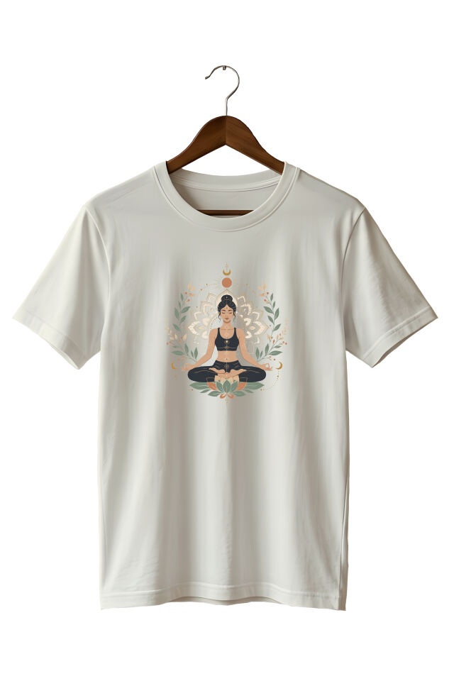 Yoga Meditasyon Baskılı Unisex Lacivert T-Shirt | Mandala Lotus Tasarımlı Tişört