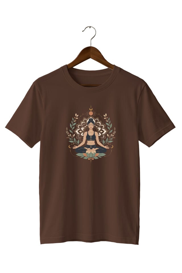 Yoga Meditasyon Baskılı Unisex Lacivert T-Shirt | Mandala Lotus Tasarımlı Tişört