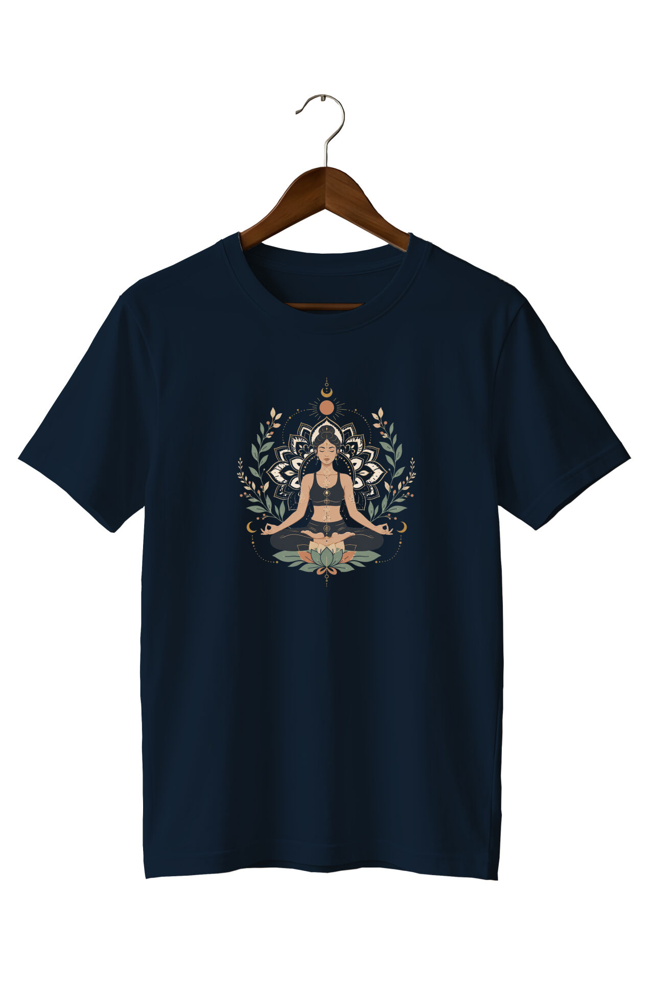 Yoga Meditasyon Baskılı Unisex Lacivert T-Shirt | Mandala Lotus Tasarımlı Tişört
