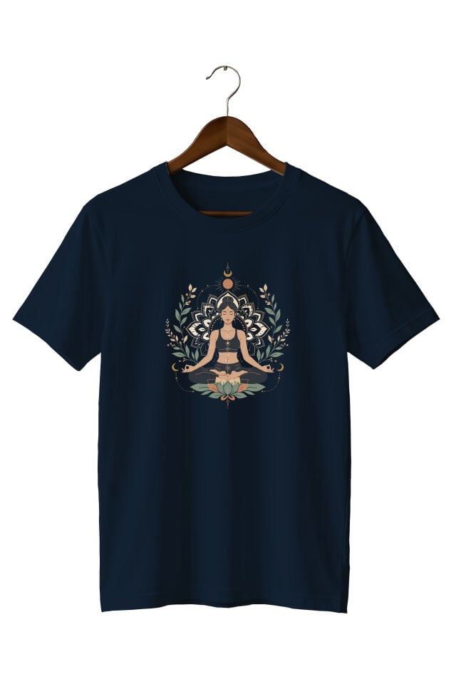 Yoga Meditasyon Baskılı Unisex Lacivert T-Shirt | Mandala Lotus Tasarımlı Tişört