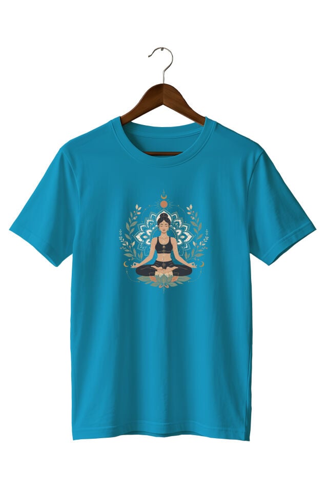 Yoga Meditasyon Baskılı Unisex Lacivert T-Shirt | Mandala Lotus Tasarımlı Tişört