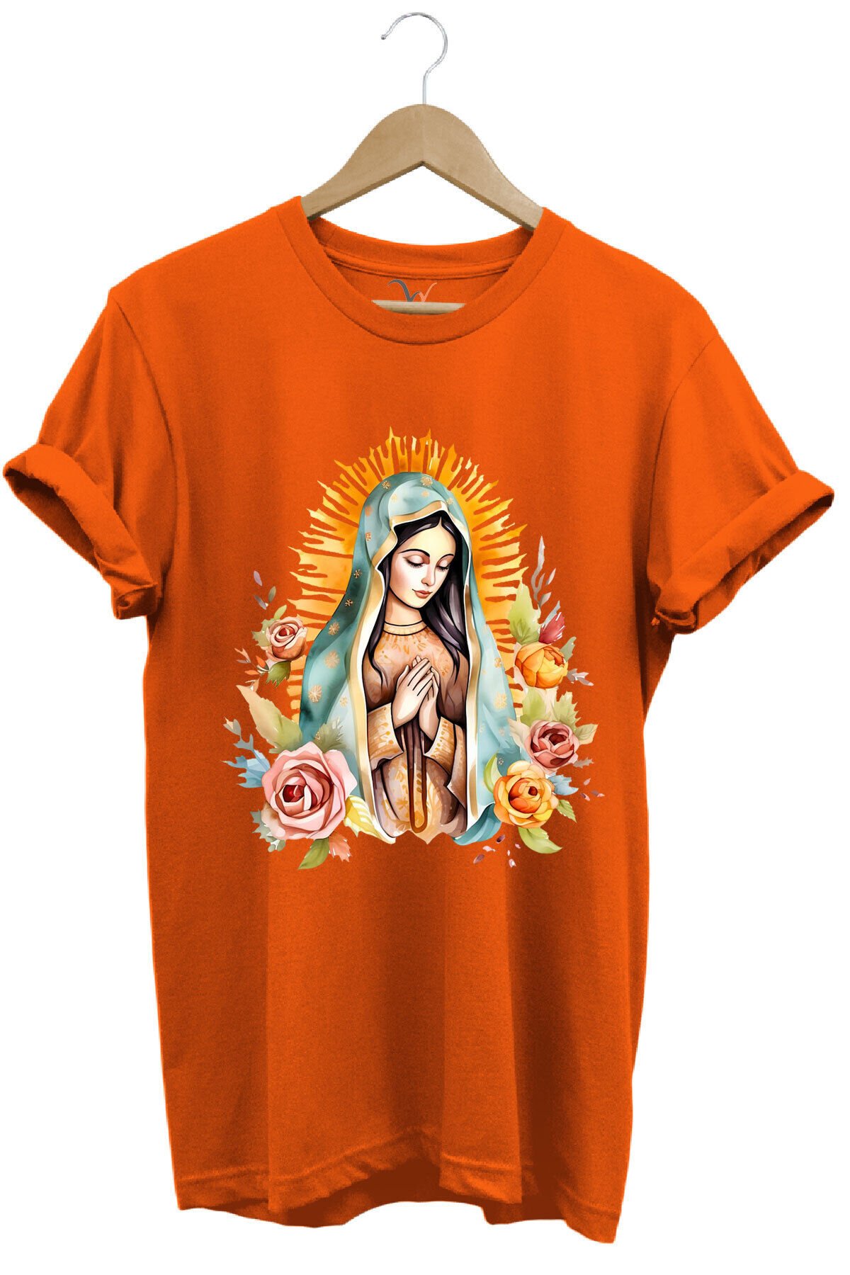 Renkli Meryem Ana Baskılı %100 Pamuk Regular Fit Bisiklet Yaka Turuncu T-shirt Turuncu - M