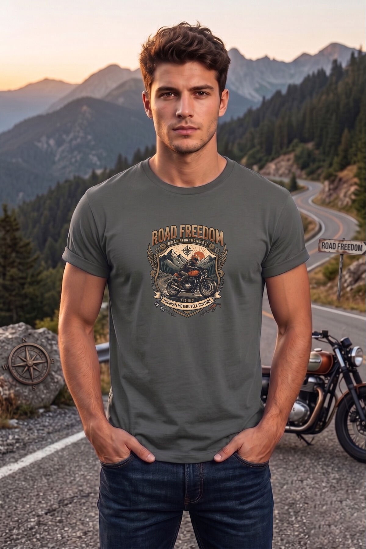 Road Freedom Motorsiklet Baskılı Erkek Tişört Vintage Retro Tasarım Bisiklet Yaka Antrasit - M