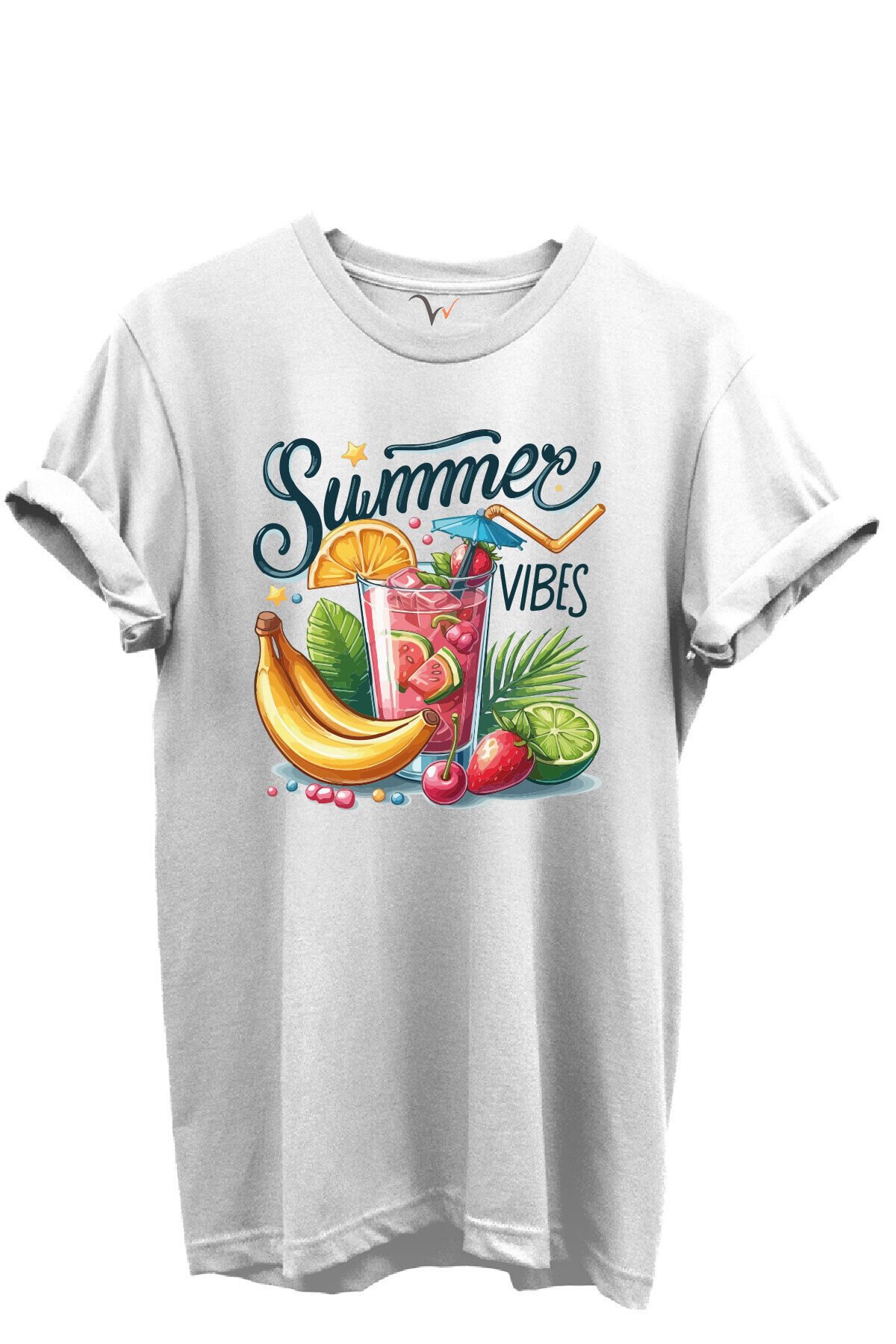 Summer Vibes Yazılı Meyve Kokteyli ve Tropik Desenli %100 Pamuk Regular Fit Unisex T-Shirt Beyaz - M