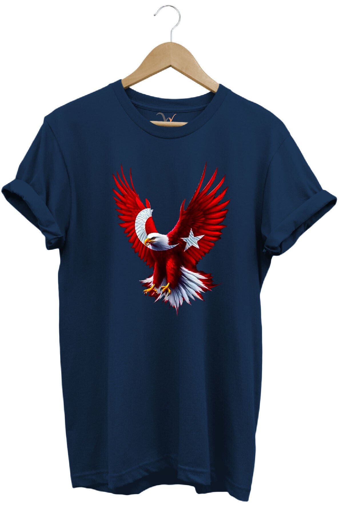 Türkiye Ay Yıldız Türk Bayrağı Kartal Tasarım Baskılı %100 Pamuk Regular Fit Bisiklet Yaka T-Shirt Lacivert - M