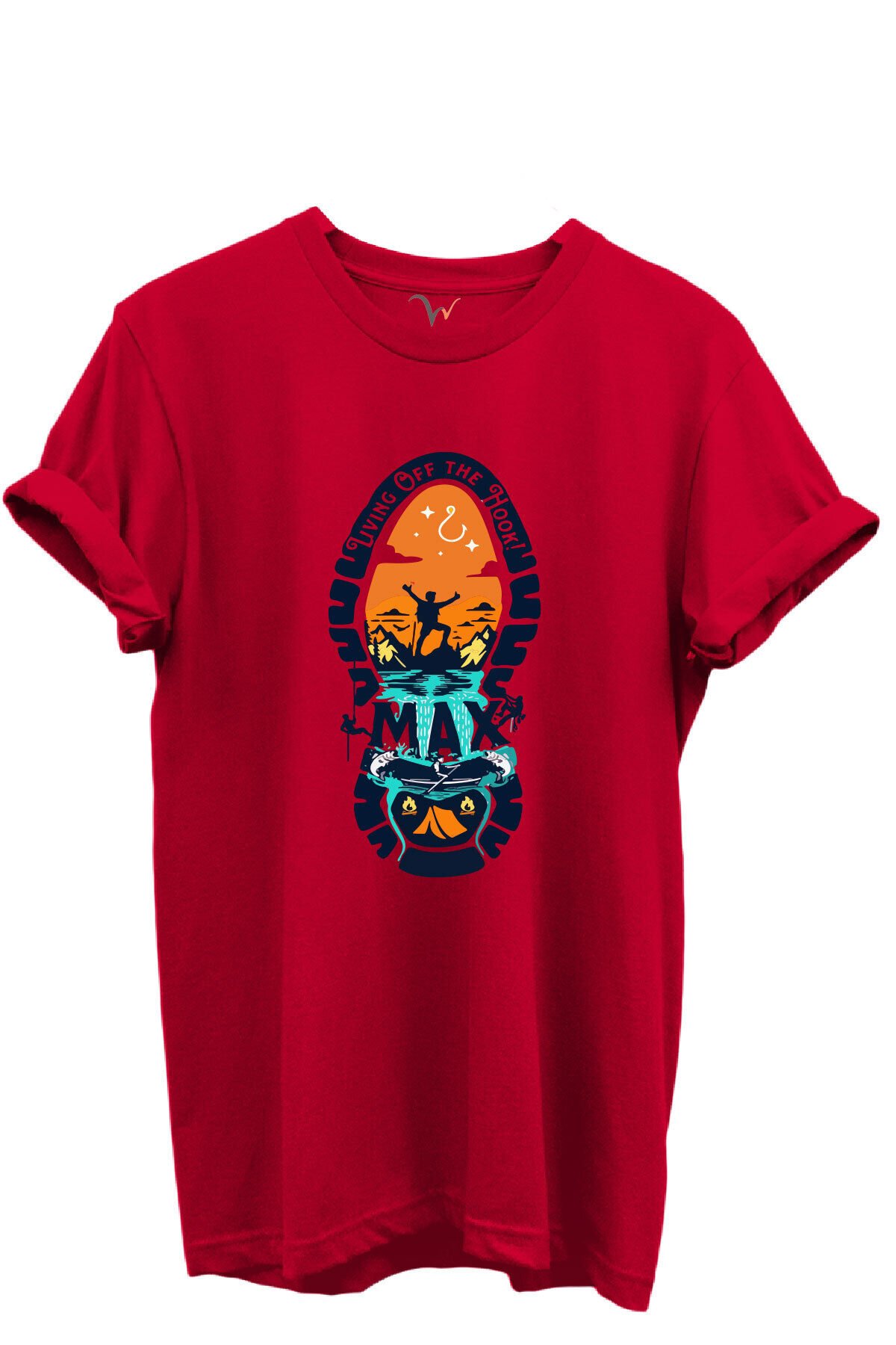 Balıkçılık ve Macera Tema Baskılı %100 Pamuk Regular Fit Bisiklet Yaka Unisex T-shirt Kırmızı - S