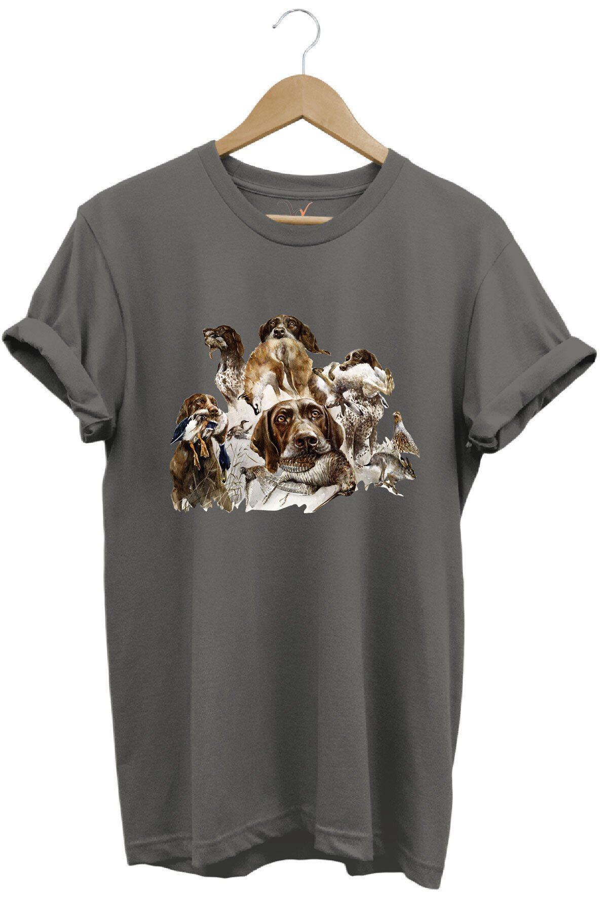 Av Köpekleri ve Kuş Temalı %100 Pamuk Unisex Regular Fit T-Shirt Gri - 2XL