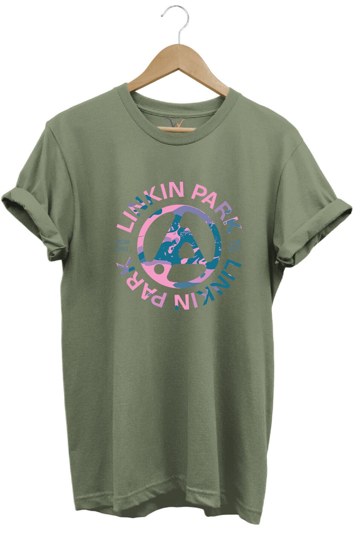 Müzik Grubu Rock Metal Baskılı Linkin Park Cool %100 Pamuk Bisiklet Yaka Haki T-shirt