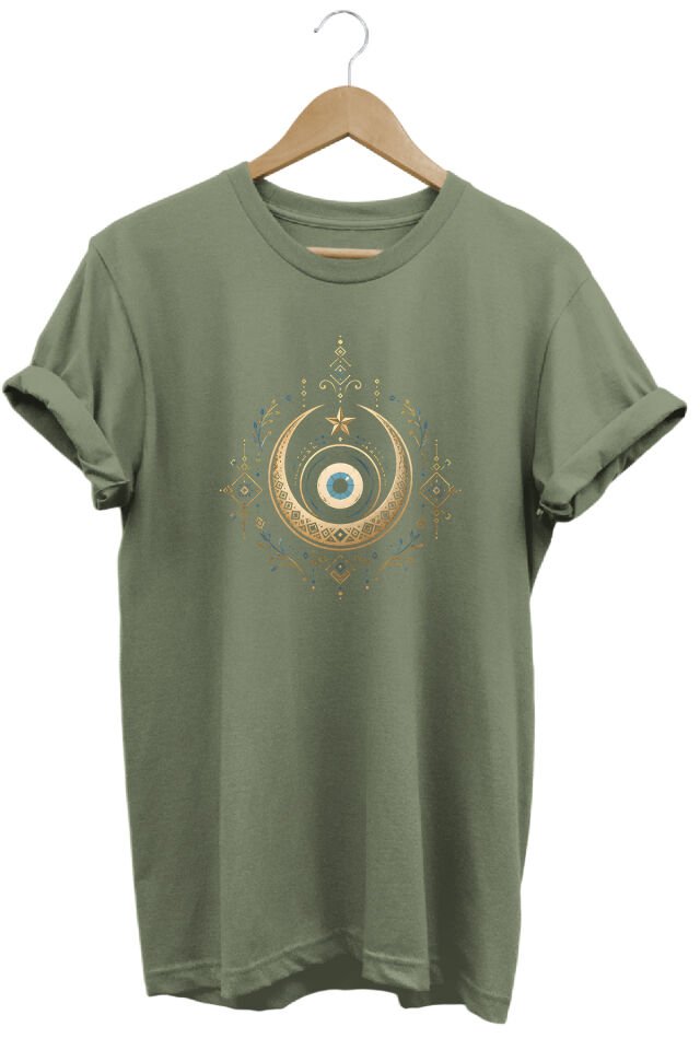 Unisex Nazar Boncuğu ve Hilal Baskılı Etnik Bohem Özel Tasarım Tişört Haki - 3XL