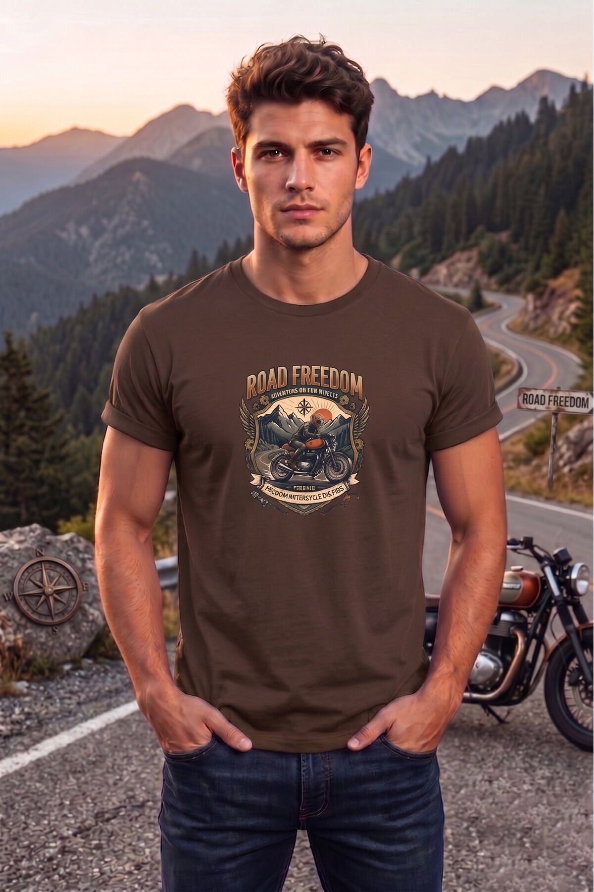 Road Freedom Motorsiklet Baskılı Erkek Tişört Vintage Retro Tasarım Bisiklet Yaka Kahverengi - M