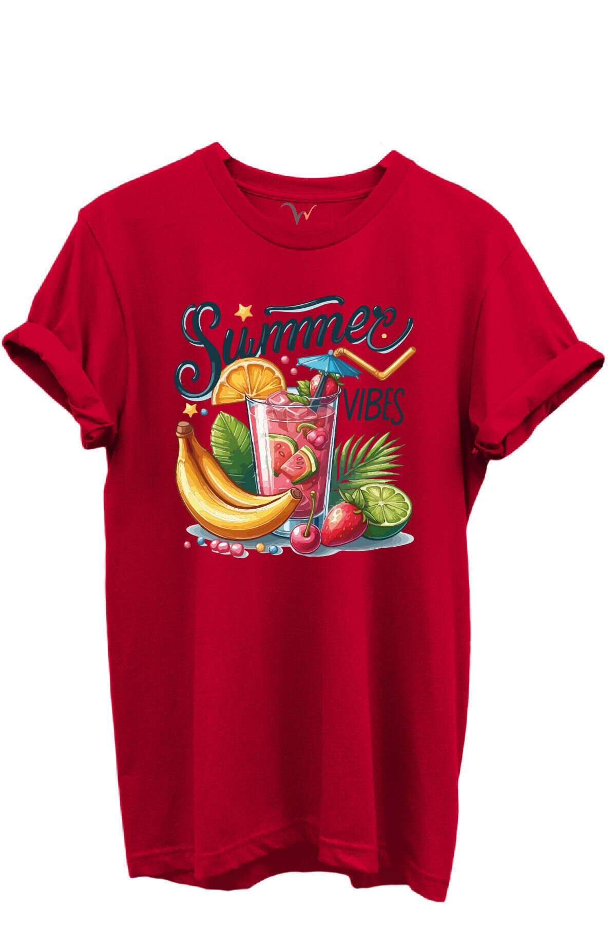 Summer Vibes Yazılı Meyve Kokteyli ve Tropik Desenli %100 Pamuk Regular Fit Unisex T-Shirt Kırmızı - XL