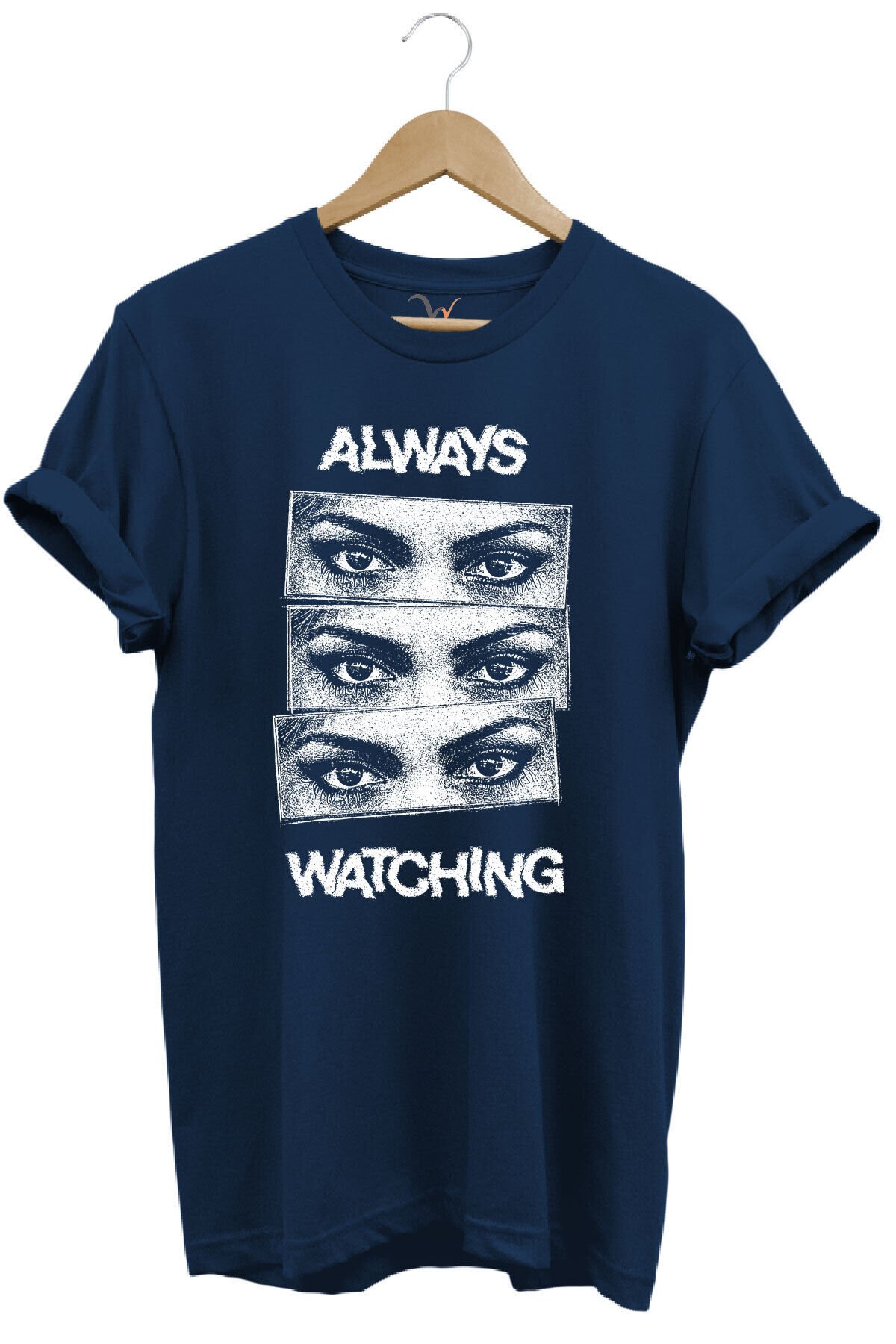 Unisex Streetwear Always Watching Baskılı Şık Tasarımlı %100 Pamuk Bisiklet Yaka Siyah T-shirt Lacivert - XL
