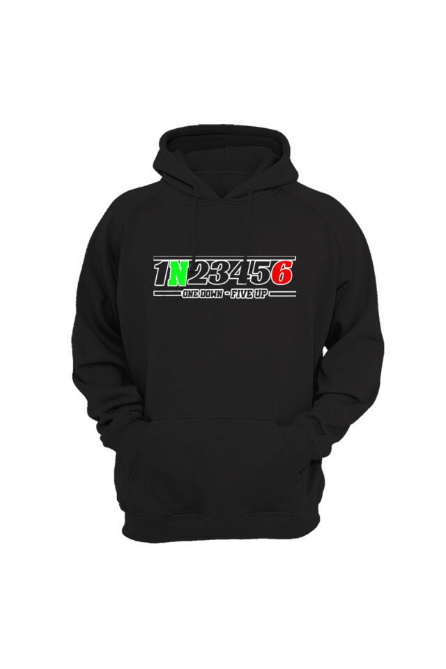 Motorcu Motorsiklet Vites Geçişleri 1N23456 Baskılı 3 İplik Kalın Şardonlu Kanguru Cepli Sweatshirt