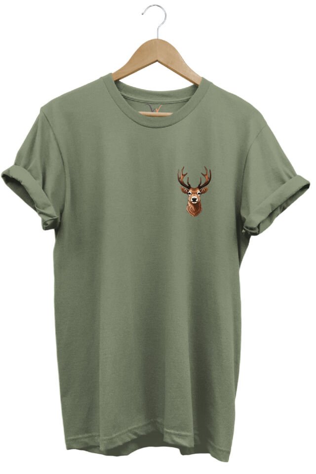 Avcılık Hunting Geyik Avı Baskılı %100 Pamuk Regular Fit Bisiklet Yaka T-shirt Haki - 3XL