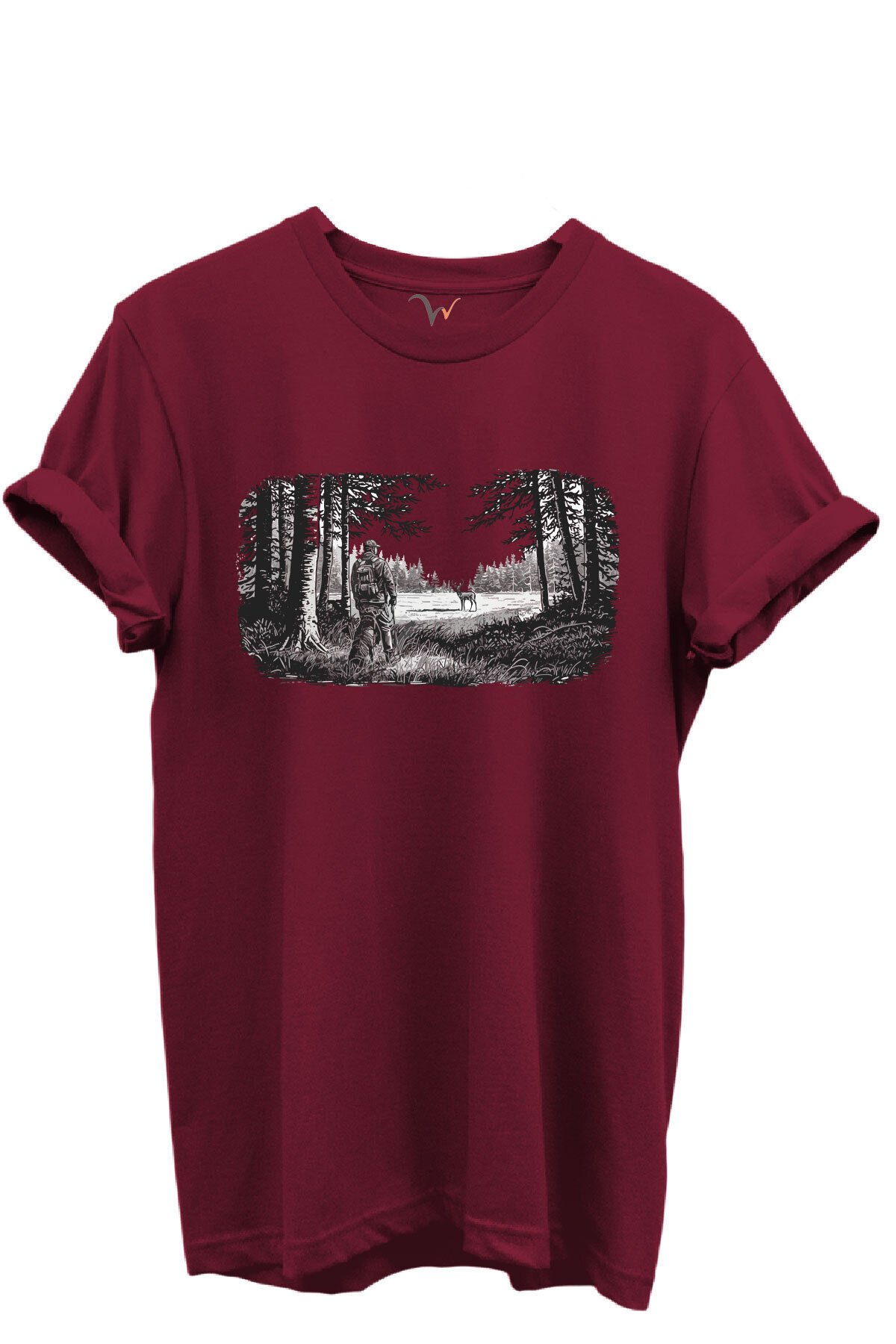 Avcı ve Geyik Orman Manzarası Çizim Baskılı %100 Pamuk Regular Fit Bisiklet Yaka Unisex T-shirt Bordo - 2XL