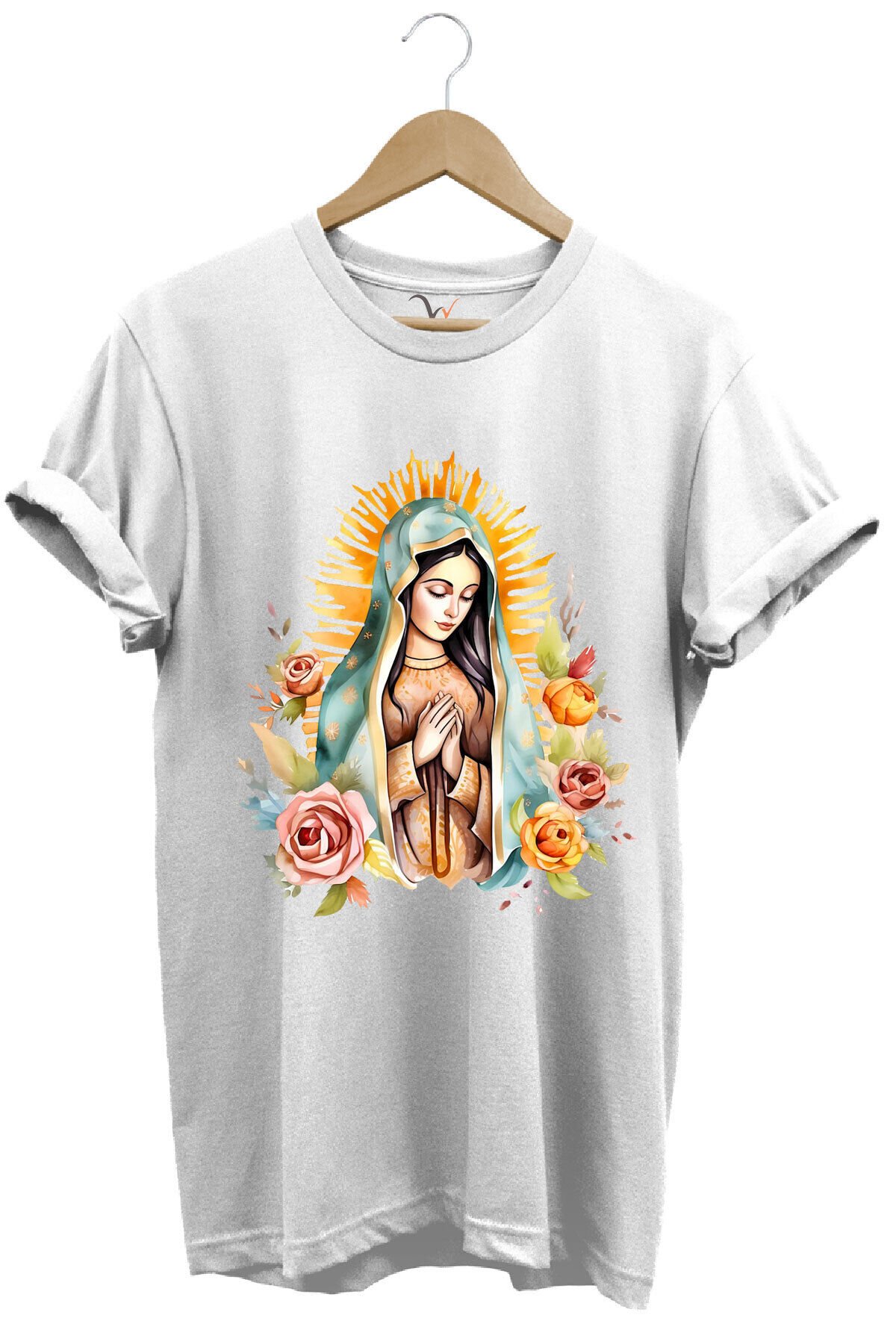 Renkli Meryem Ana Baskılı %100 Pamuk Regular Fit Bisiklet Yaka Turuncu T-shirt Beyaz - XL