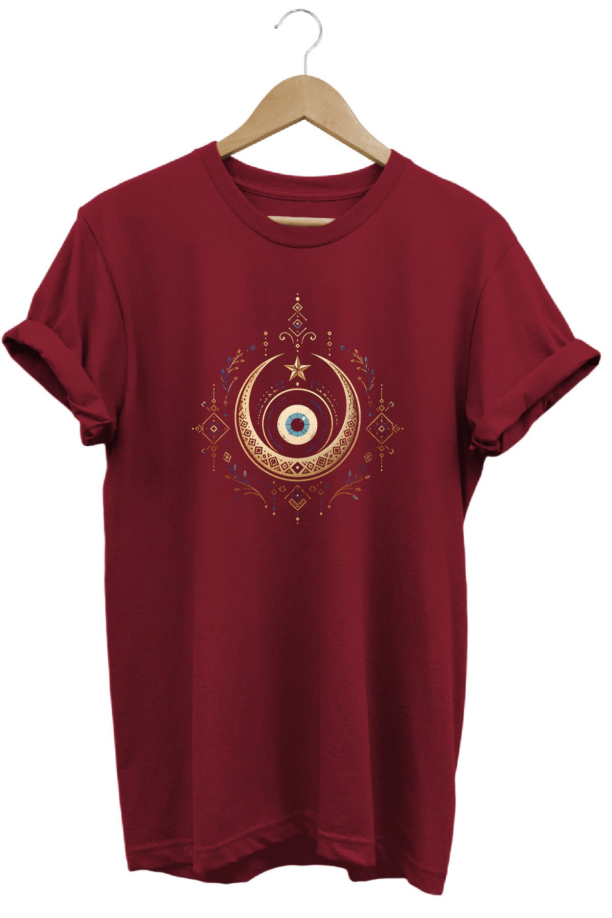 Unisex Nazar Boncuğu ve Hilal Baskılı Etnik Bohem Özel Tasarım Tişört Bordo - M