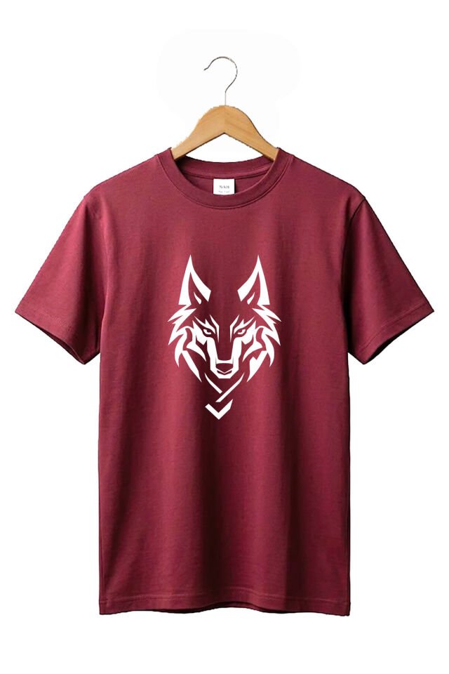 Bozkurt Türkçü Kurt Baskılı %100 Pamuk Regular Fit Bisiklet Yaka Basic T-shirt Bordo - 2XL