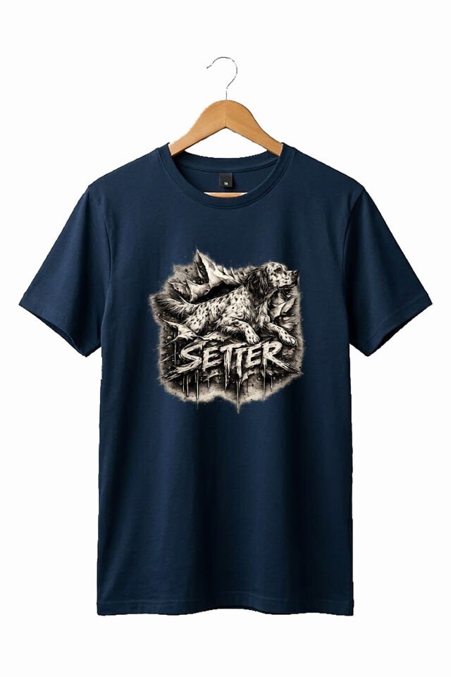 Unisex English Setter Köpek Baskılı Özel Tasarım Hunting Doğa %100 Pamuk Basic T-Shirt Lacivert - S