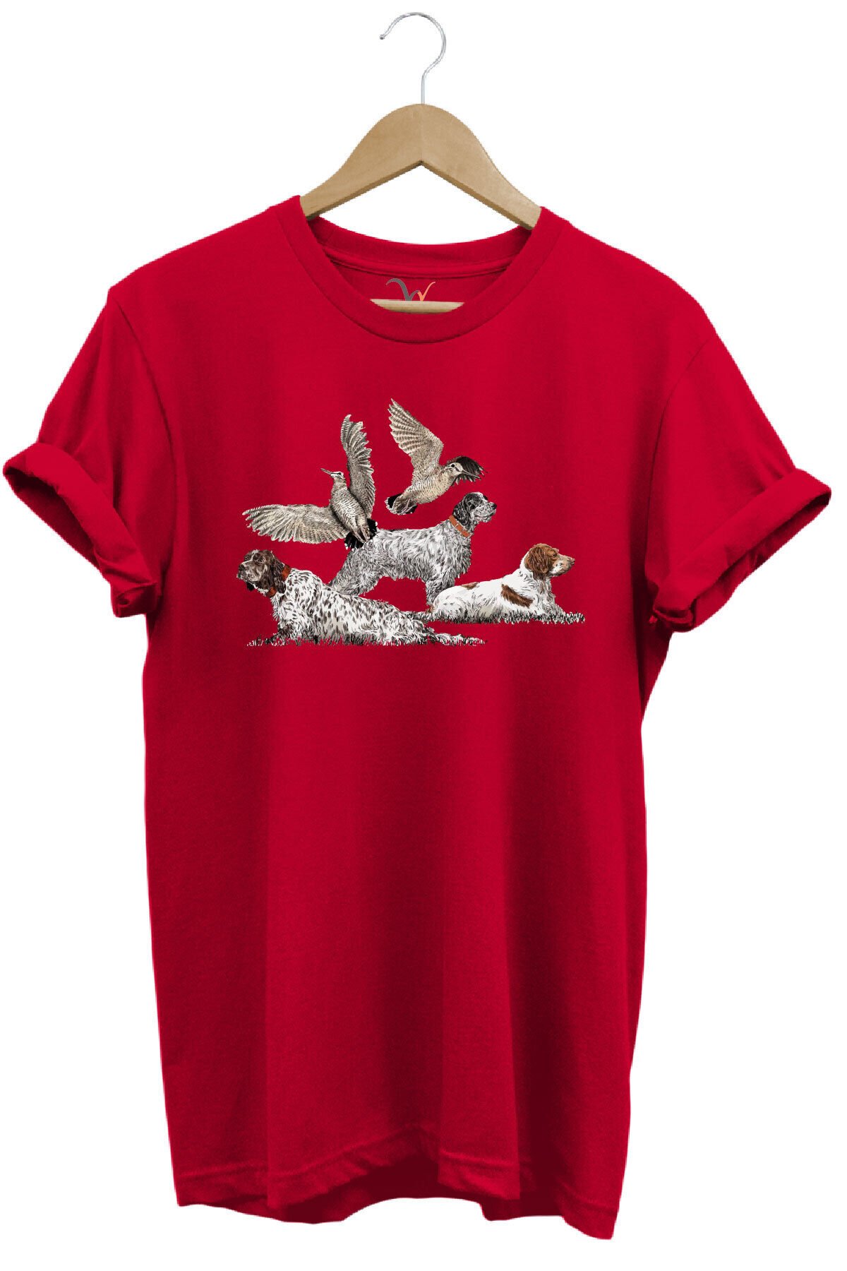 Avcılık Hunting Fermalı English Setter Ve Çulluk Baskılı %100 Pamuk Regular Fit Kahverengi T-shirt Kırmızı - M