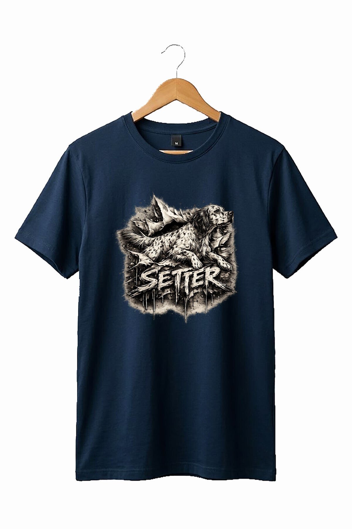 Unisex English Setter Köpek Baskılı Özel Tasarım Hunting Doğa %100 Pamuk Basic T-Shirt Lacivert - XL