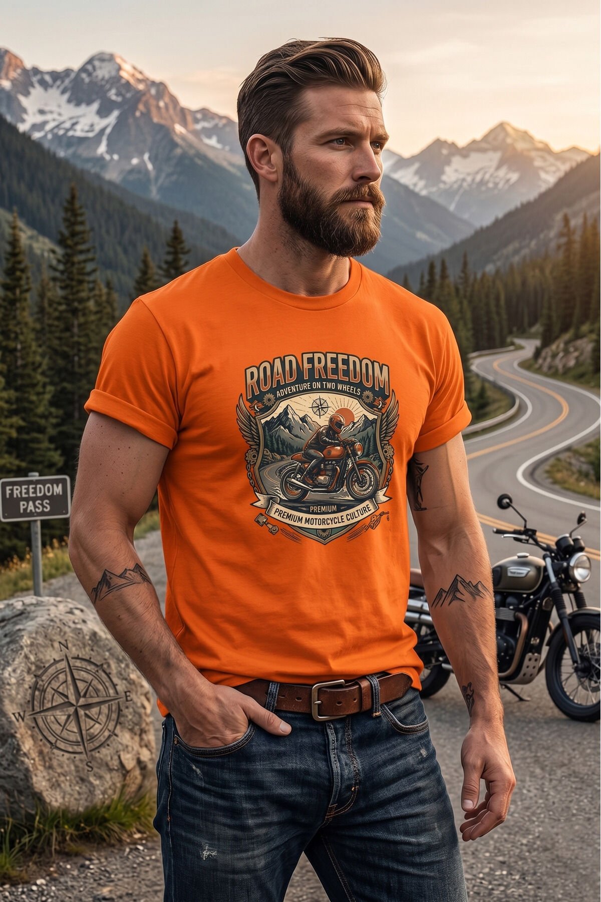 Road Freedom Motorsiklet Baskılı Erkek Tişört Vintage Retro Tasarım Bisiklet Yaka Turuncu - XL