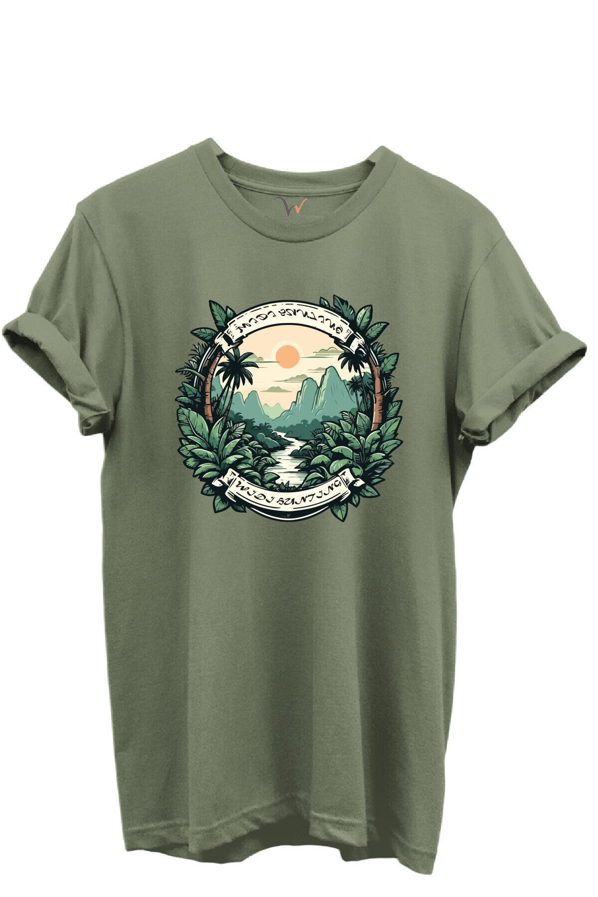 Tropikal Orman ve Dağ Manzaralı Hunting Doğa Temalı %100 Pamuk Regular Fit Unisex T-Shirt Haki - XL