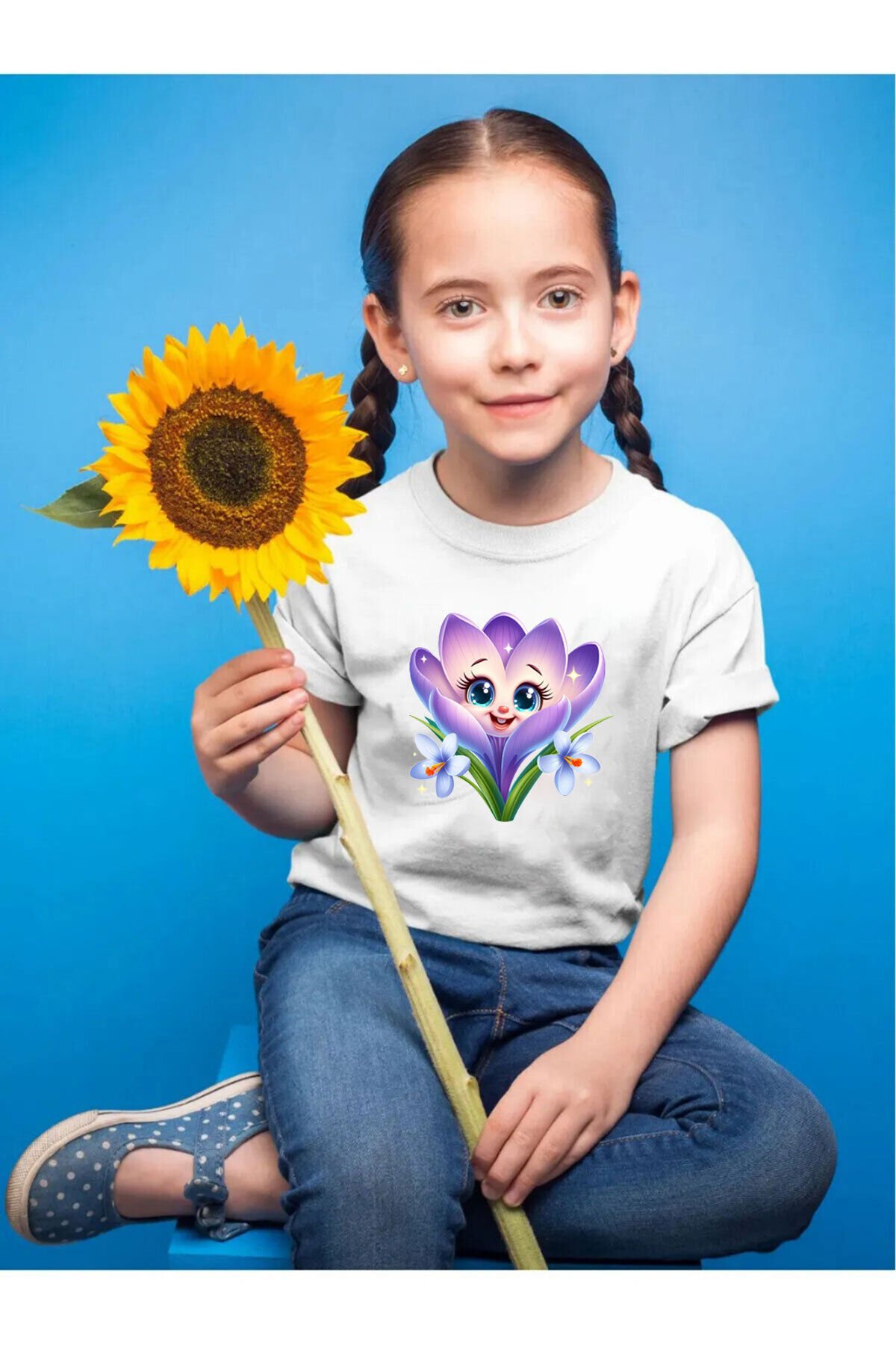 Sevimli Renkli Çiçek Baskılı Regular Fit %100 Pamuk Çocuk Kırmızı T-shirt Beyaz - 11-12 Yaş