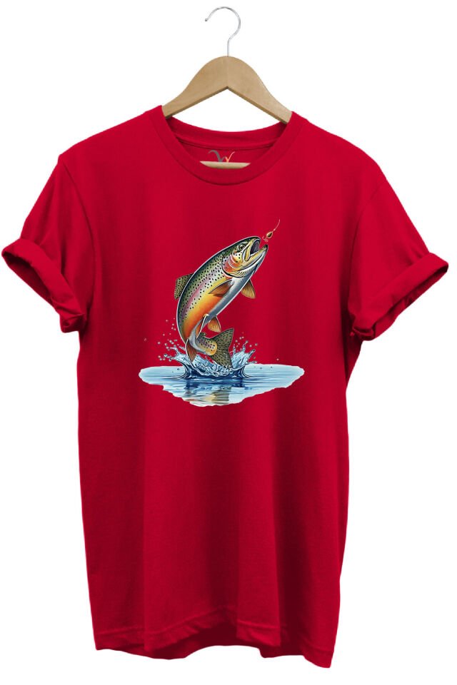 Zıpkınlanan Alabalık Tasarımlı Balıkçılık Temalı %100 Pamuk Unisex Regular Fit T-Shirt Kırmızı - XL