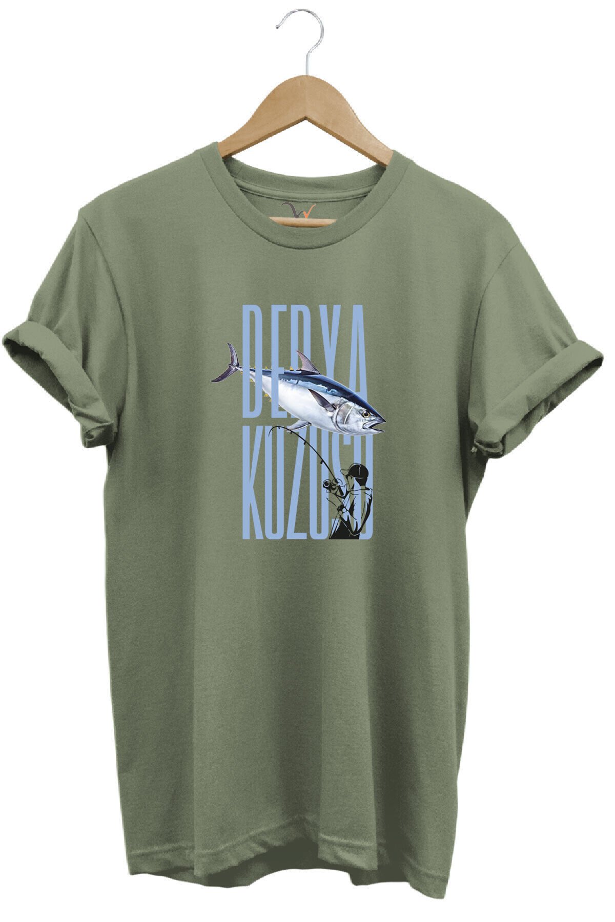 Fishing Balık Avcılığı Palamut Balığı Derya Kuzusu Tasarım Baskılı Regular Fit Bisiklet Yaka T-Shirt Haki - XL
