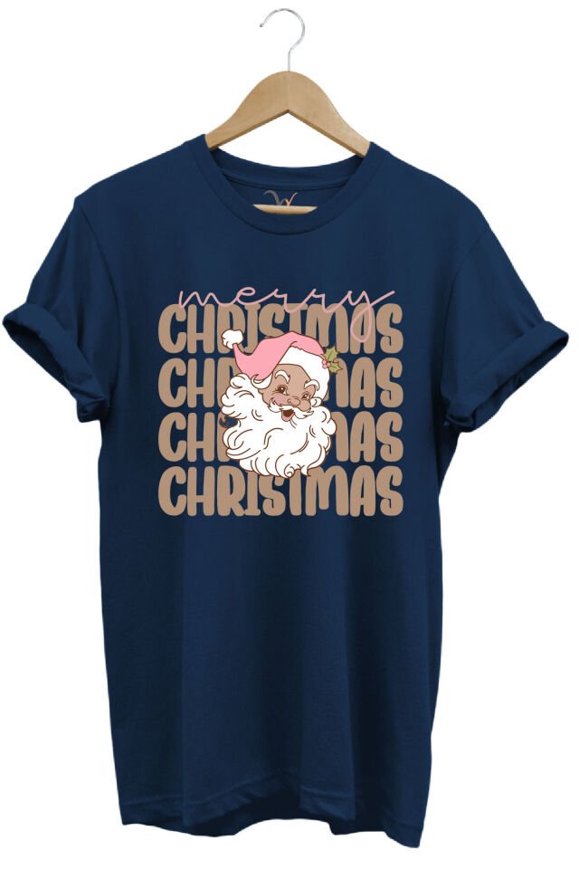 Unisex Yılbaşı Yeni Yıl Noel Baba Merry Christmas Kar Baskılı %100 Pamuk Regular Fit T-Shirt Lacivert - 2XL